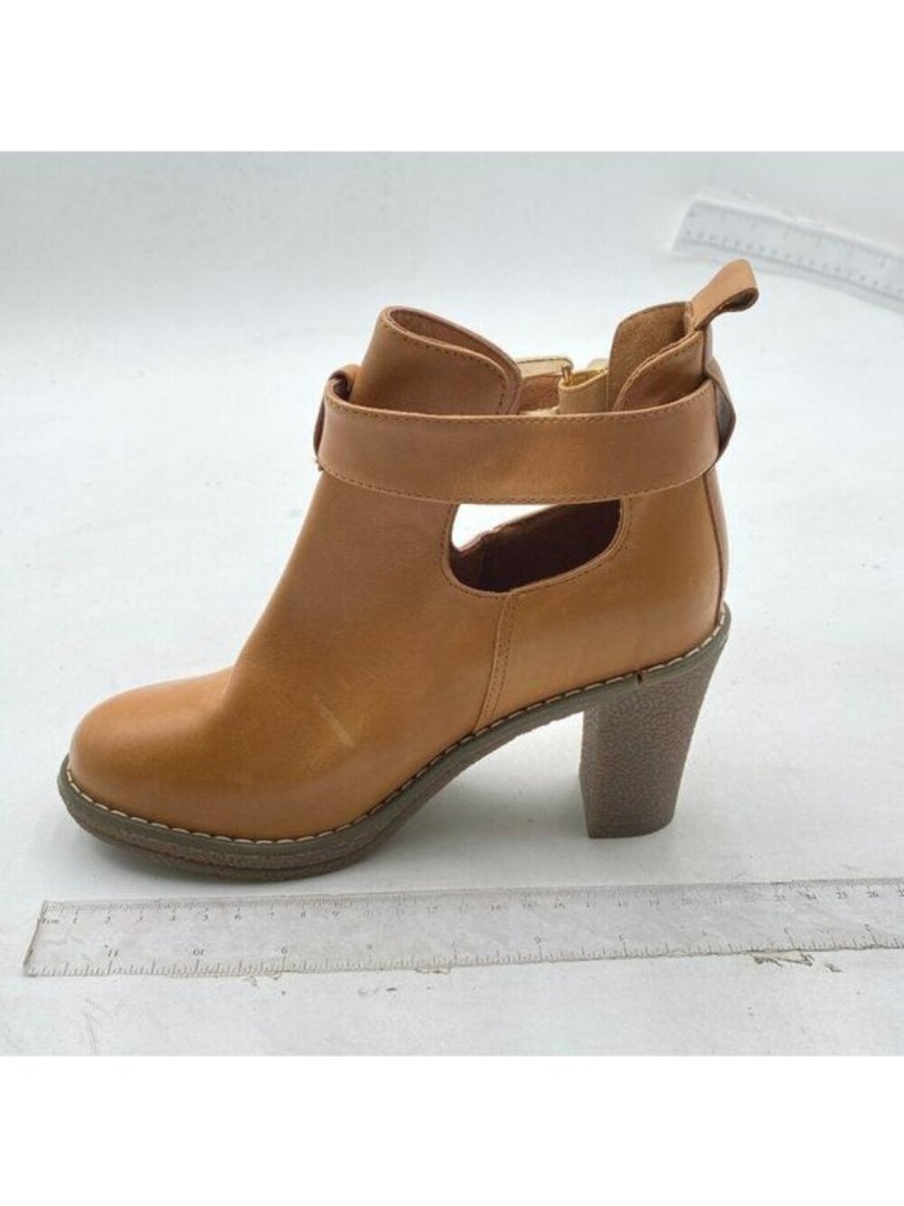 Women Studded Mid Chunky Heeled Ankle Booties Pumps Closed Almond Toe Brown Shoe